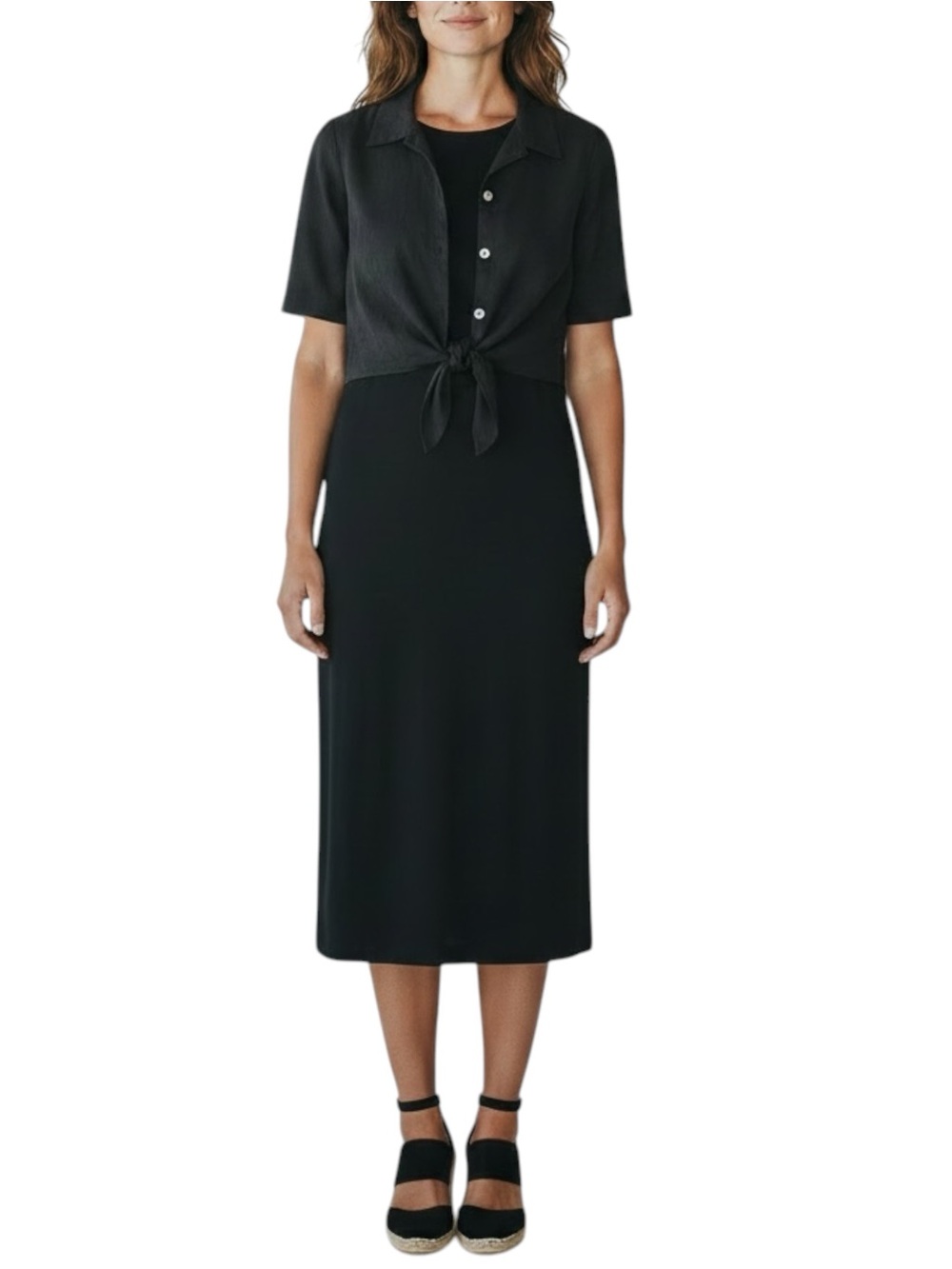 TALBOTS 2 PC Linen Blend Midi Dress w/ Tie-Front Short Sleeve Cropped Jacket - Picture 9 of 9